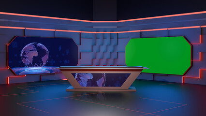 Naklejka premium 3D Virtual TV Studio News, Backdrop For TV Shows .TV On Wall.3D Virtual News Studio Background,3d illustration