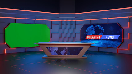 3D Virtual TV Studio News, Backdrop For TV Shows .TV On Wall.3D Virtual News Studio Background,3d illustration
