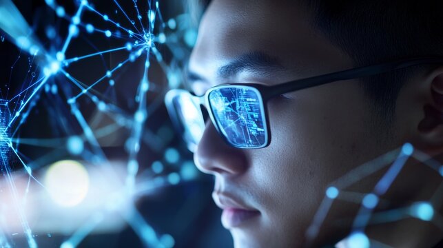 A blockchain developer creating AI enhanced token staking protocols, futuristic crypto lab with real-time staking simulations, High-tech style