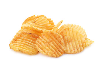 Pile of tasty ridged potato chips isolated on white