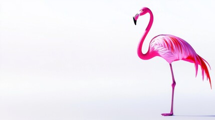 Fototapeta premium A vibrant pink flamingo stands elegantly against a minimalistic white background, showcasing its unique silhouette and graceful posture.