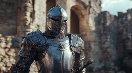 Fototapeta premium High-tech knight in armor battles ancient ruins medieval fantasy outdoor wide angle futuristic hero