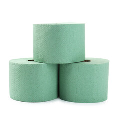 Green toilet paper rolls isolated on white