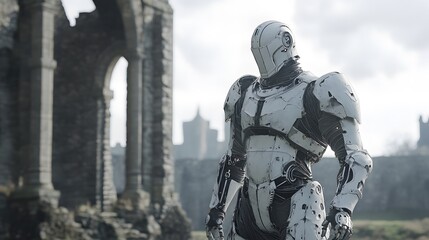 Naklejka premium Sci-fi concept knight in armor in a ruined castle within a futuristic dystopia