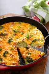Broccoli, bacon and cheese frittata in a cast iron pan, healthy breakfast idea
