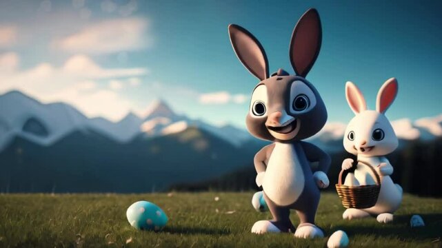 rabbit hare cartoon character on the mountains with other small baby rabbit standing with eggs basket created with generative ai