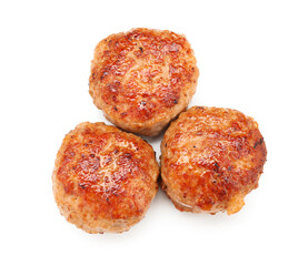 Three delicious roasted patties isolated on white, top view