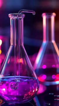 Colorful glass flasks with vibrant liquid in a laboratory setting at night