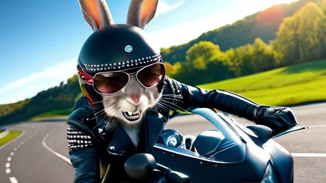 rabbit bunny, with a gleaming white buck tooth and mischievous glint in its bright brown Easter bunny on a motorcycle riding along the road created with generative ai.	