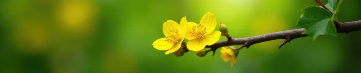 Delicate yellow blooms on a thorny tree branch, greenery, blossom, petals