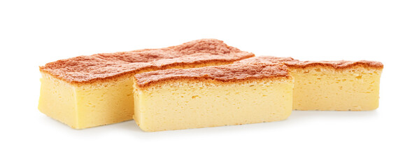 Pieces of tasty Japanese Castella sponge cake isolated on white