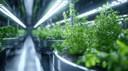 Vertical farm with hydroponic plants and LED lights