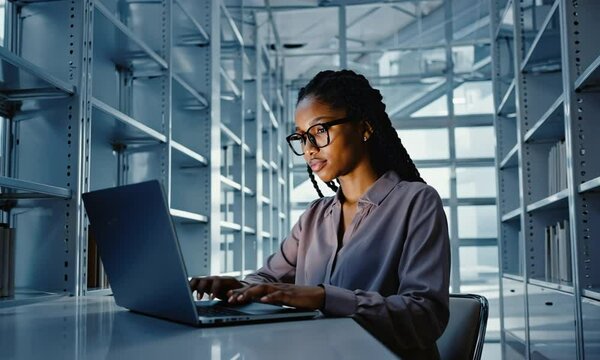 Young black business woman working on laptop in office