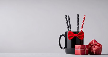 Festive Mug with Straws and Red Bow Tie Next to Gifts