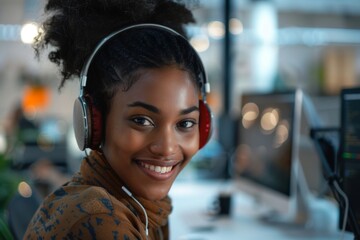 Portrait of a smiling young black female IT support worker in startup company office