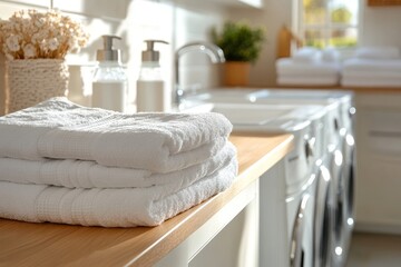 Clean organized laundry room with white towels and natural cleaning  products
