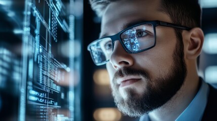 A blockchain developer designing AI powered solutions for decentralized identity and reputation systems, futuristic security lab with live identity data, High-tech style