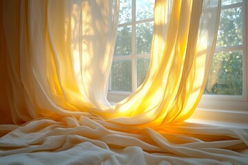 Morning sunlight casting butter yellow glow through white curtains