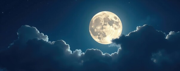 Full moon illuminated by nightly clouds above, full, moon, surface