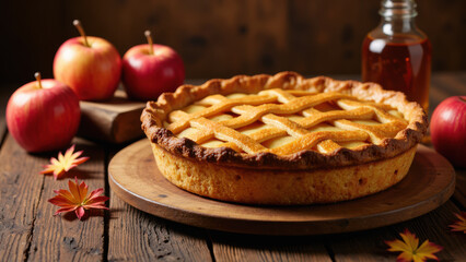 Delicious apple pie on wooden table, surrounded by fresh apples and autumn leaves, evokes warmth and comfort