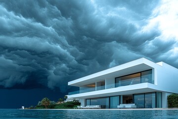 Dramatic thunderstorm clouds rolling over minimalist white beach house