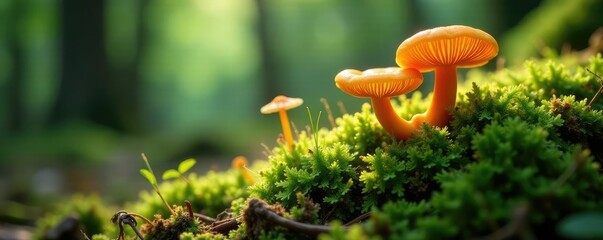 Fungal hyphae and moss intertwined on forest ground, botany, moss, forest