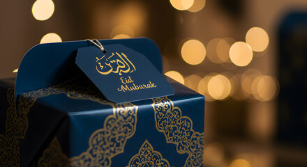 Eid Mubarak Gift Box: Navy Blue & Gold Arabesque Design with Bokeh Lights