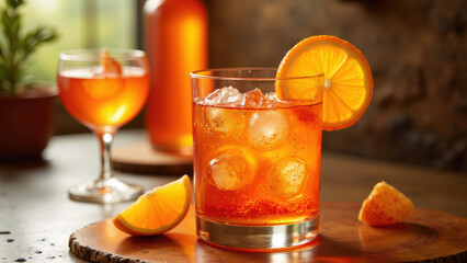 Fototapeta premium refreshing cocktail with vibrant orange hues, served glass with ice and garnished with orange slices, evokes cheerful