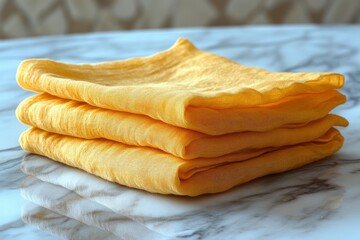 Butter yellow linen napkins folded on marble countertop