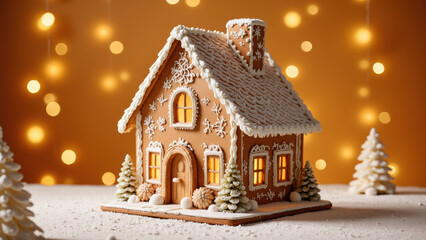 Gingerbread house decorated with icing and candy, surrounded by festive lights and miniature trees, evokes holiday cheer