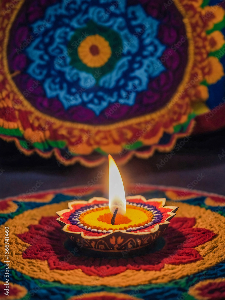 Poster close-up of a diya lamp with a flickering flame on a rangoli pattern