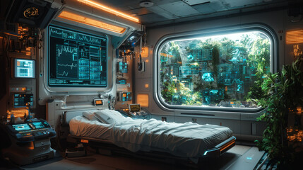 Obraz premium Futuristic Smart Hospital Room with AI-Powered Robotic Assistants and Holographic Data Projections