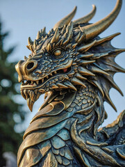 Fototapeta premium Close-up of a dragon statue with long horns