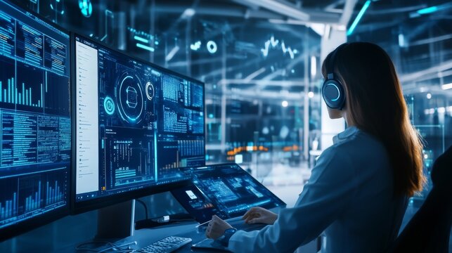 A blockchain researcher creating AI powered decentralized crypto escrow services for secure transactions, futuristic security lab with live transaction data, High-tech style