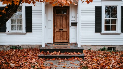 Cozy entrance of a home adorned with autumn leaves and wooden door