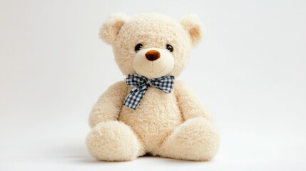 Adorable cream-colored teddy bear with a blue and white bow tie.