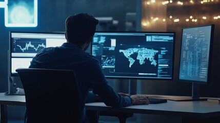 Fototapeta premium A blockchain researcher designing AI powered crypto risk assessment tools for decentralized platforms, futuristic risk lab with real-time risk data, High-tech style