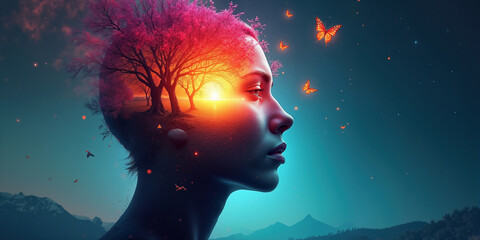 Tree of Thoughts growth in Human Mind. Human brain self power. AI vision idea. Inner calm, mental soul peace. Human profile aura. Woman face image, serene dream life, nature sunset. Female head beauty
