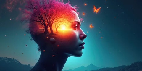 Tree of Thoughts growth in Human Mind. Human brain self power. AI vision idea. Inner calm, mental soul peace. Human profile aura. Woman face image, serene dream life, nature sunset. Female head beauty © raisondtre
