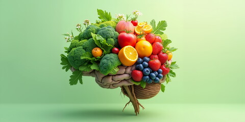 Brain made of fresh fruits, leafy herbs. Raw food lemon detox. Good mental health, positive think, self care concept. Well diet, vivid color Eat apple help human mind. Green background made body shape