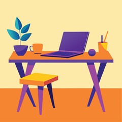 Colorful Workspace Vector Illustration with Laptop, Desk, and Office Accessories in Vibrant Yellow, Orange, Purple, and Teal Tones