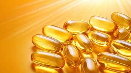 Golden capsules of fish oil arranged on a bright yellow background