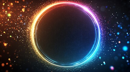 Obraz premium Colorful illuminated circle surrounded by many sparkling particles in the dark