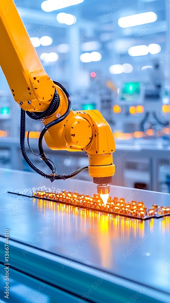 Aufkleber Automated Hardware Learning Robotic arm in a modern manufacturing facility, engaging in precision tasks with glowing LED components; symbolizing advanced automation technology.