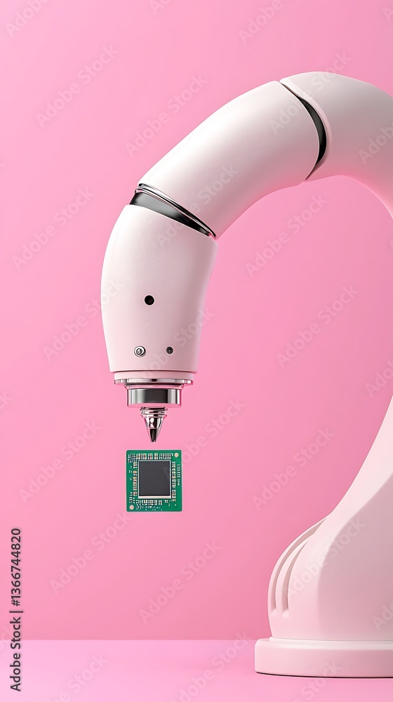 Aufkleber automated hardware learning a robotic arm holds a microchip against a vibrant pink background, showc