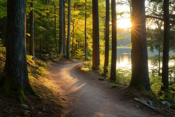 Serene Forest Pathway Leading to Lakeside at Sunset with Golden Light Filtering Through Trees