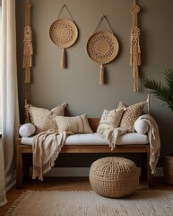 Living Room Decor Featuring Bohemian Textile Art and Neutral Palette