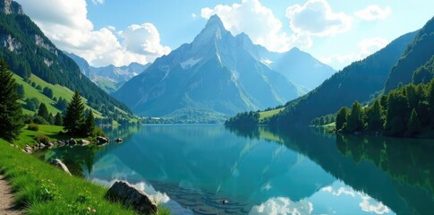 Fototapeta premium Majestic Swiss mountains rising above a tranquil lake and lush green surroundings, trees, calm