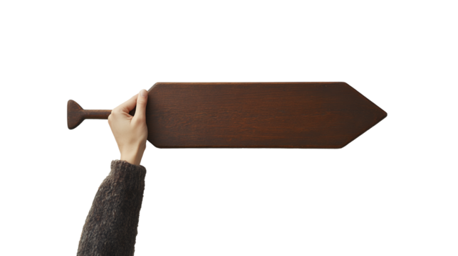 Hand Holding Wooden Arrow Sign Blank Brown Pointer Direction