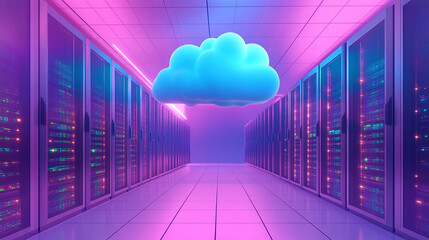 3D Cloud technology background with a hologram icon and data center on a blue background, Generative AI